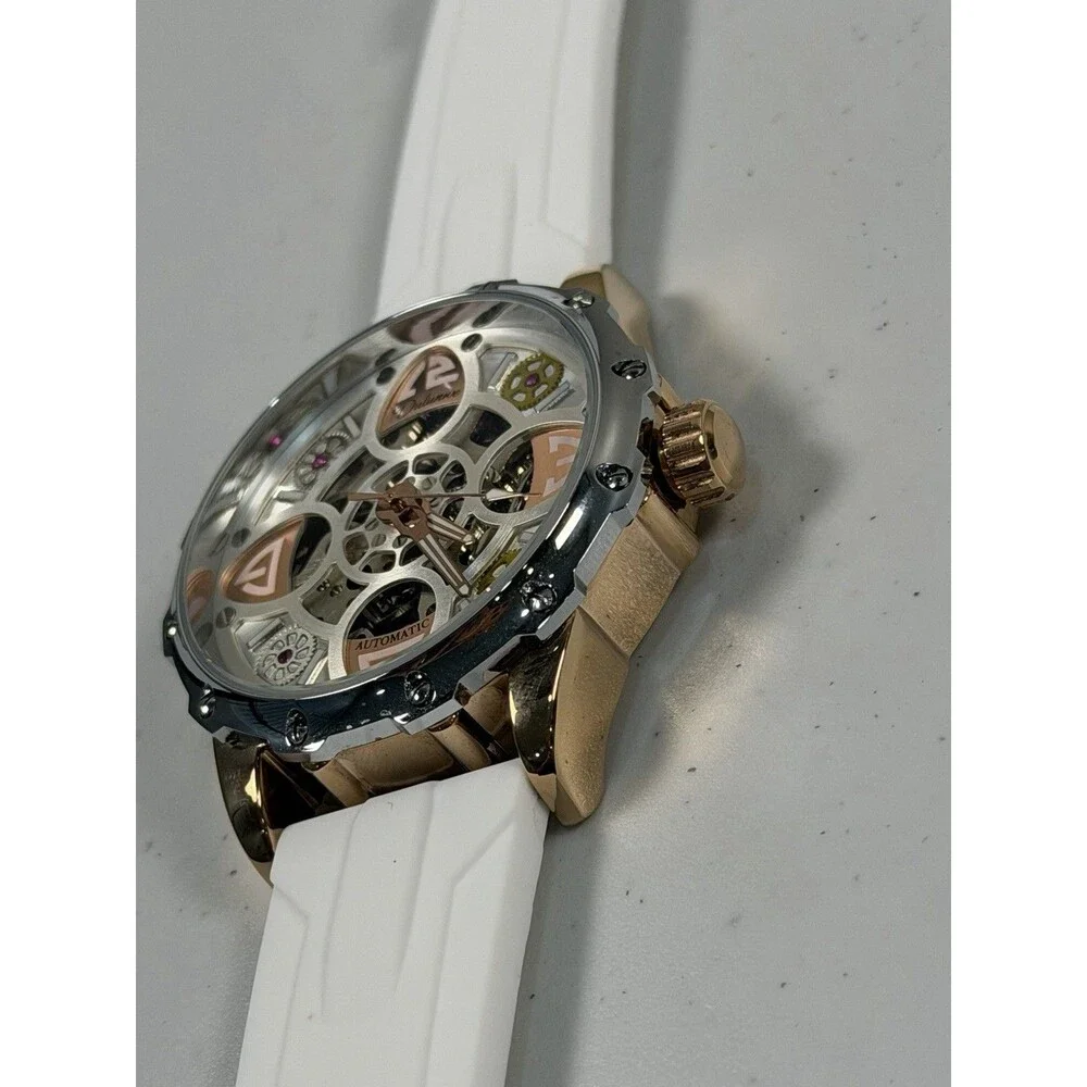 Luxury Automatic Skeleton Sport Watch 45mm White Silicone Strap